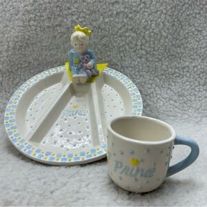 Mud Pie kids plate divided and cup ceramic Prince blue & yellow handcrafted